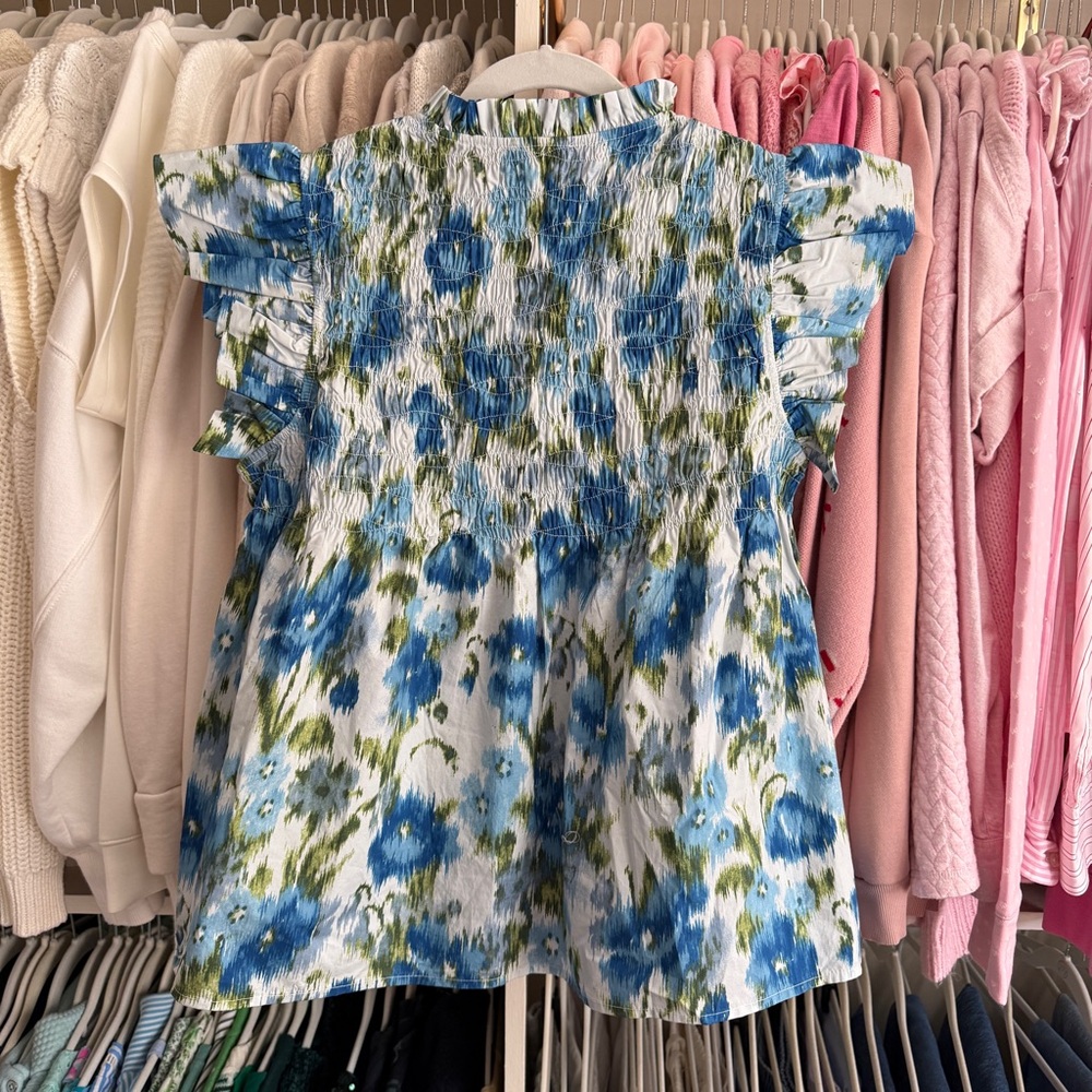 Tuckernuck Blue, Green and White Floral Smocked Cap-Sleeve Blouse - Picture 2 of 3